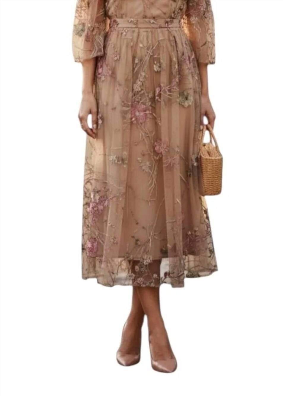 NEW BIGIO COLLECTION sheer floral embroidered midi skirt in tan